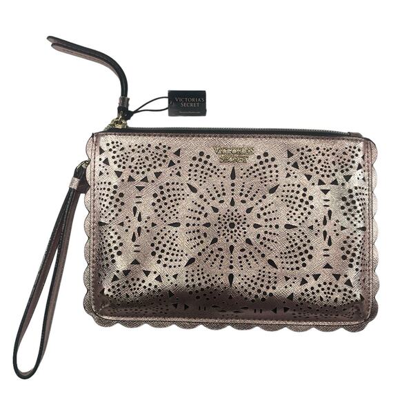 Victoria's Secret Handbags - Victoria’s Secret Wristlet Clutch Rose Gold Metallic Cut Out Make Up Bag NWT